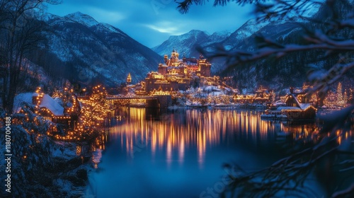 A majestic mountain castle, illuminated by thousands of Christmas lights, overlooking a peaceful lake photo