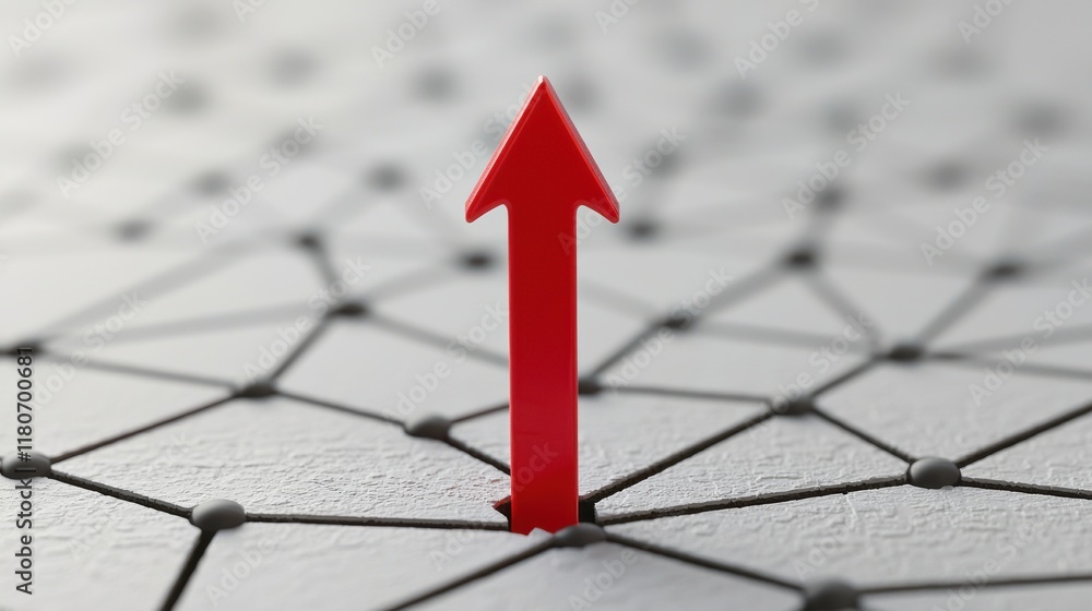 Fototapeta premium A red arrow points upward from a network of interconnected dots, symbolizing growth, progress, or direction in a digital or abstract space.