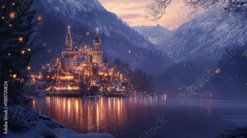 A majestic mountain castle, illuminated by thousands of Christmas lights, overlooking a peaceful lake photo