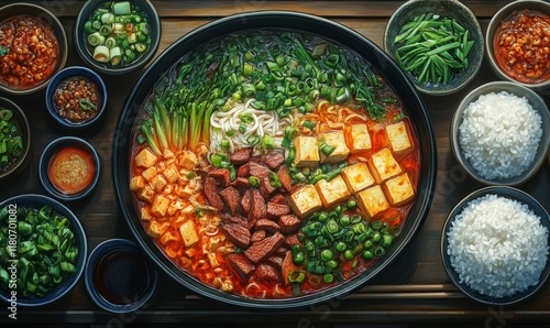 picture of a delicious Chinese hot pot with boiling broth filled with sliced beef, mushrooms, tofu, green vegetables, and various sauces, served with rice and chopsticks.  photo