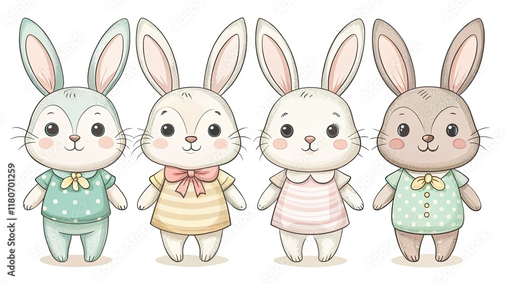 Adorable hand-drawn kawaii bunny characters, perfect for clipart and design projects. Adorable hand-drawn kawaii bunny characters, perfect for clipart and design projects.