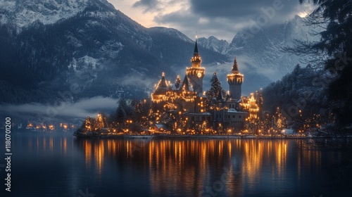 A majestic mountain castle, illuminated by thousands of Christmas lights, overlooking a peaceful lake photo