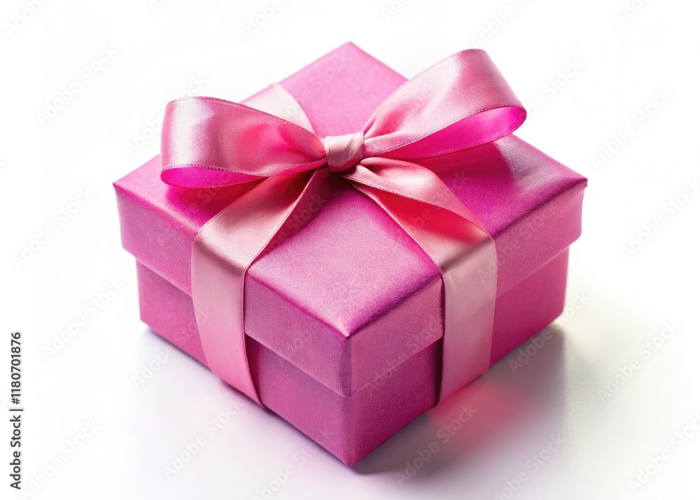 Aerial view: a pink gift box, ribboned and ready, floats against a pristine white background, a surprising drone perspective. Aerial view: a pink gift box, ribboned and ready, floats against a pristine white background, a surprising drone perspective.