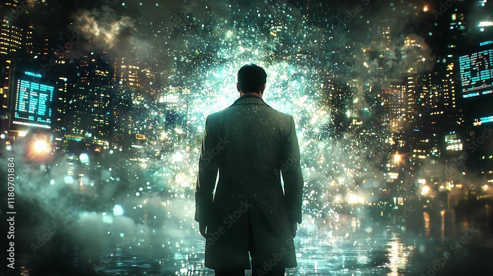 Fototapeta premium A figure stands in awe, gazing at a vibrant, glowing cityscape filled with colorful lights and a mysterious, ethereal atmosphere.