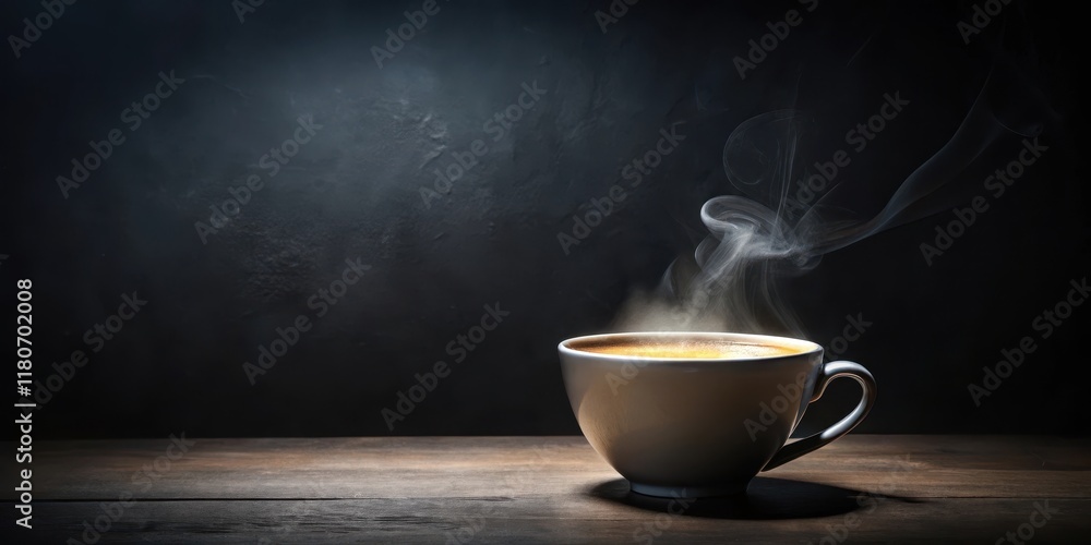 Aromatic steam rises from a cup of coffee, resting on a dark wooden surface against a moody background. Aromatic steam rises from a cup of coffee, resting on a dark wooden surface against a moody background.