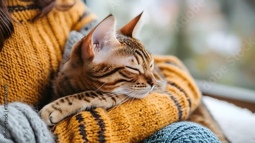 Close up portrait of a domestic cat sitting comfortably and purring on the lap of a parent figure in a warm inviting home environment  The feline s soft fuzzy fur vibrant eyes photo