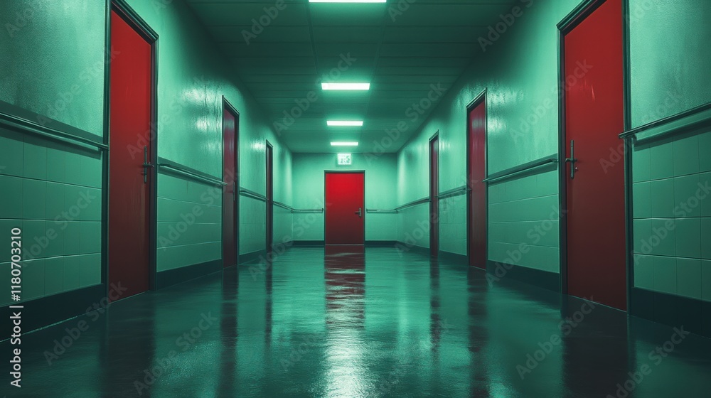 Surreal Empty Hallway with Green Walls and Bright Red Doors