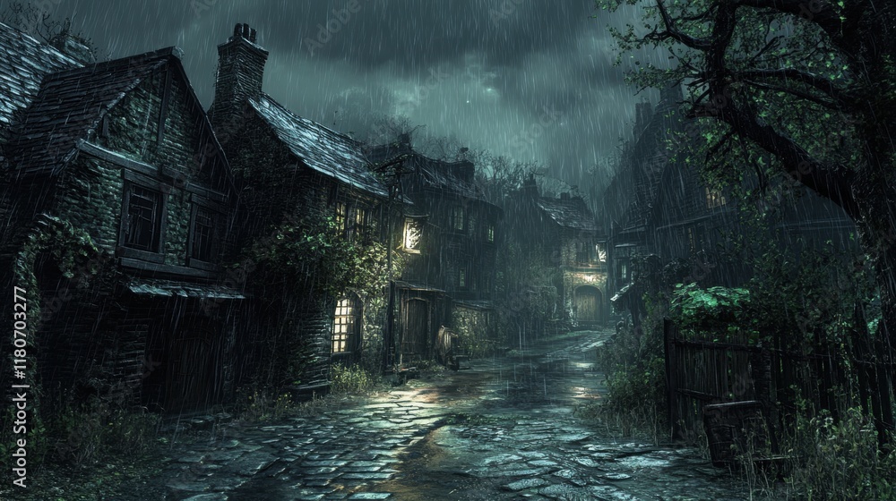 Dark Fantasy Village Street with Rain and Moody Atmosphere Dark Fantasy Village Street with Rain and Moody Atmosphere