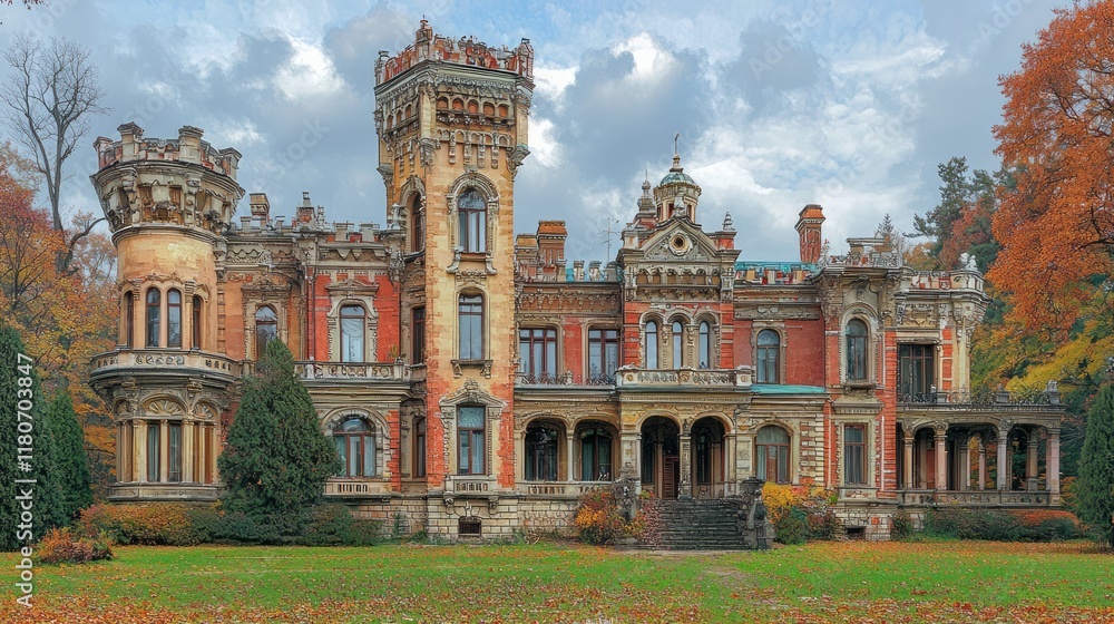 Obraz premium Majestic autumnal castle, sprawling grounds, red brick, turrets, fall foliage.