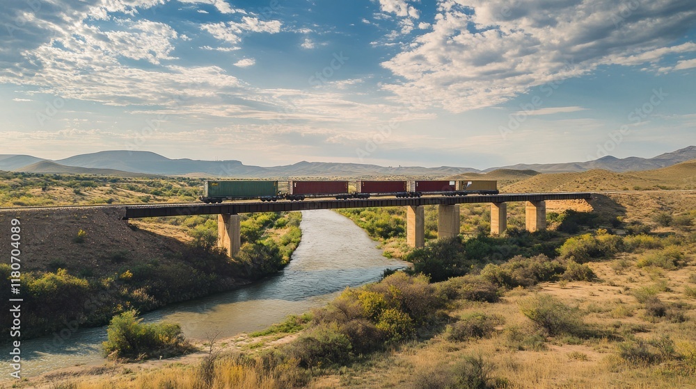 Freight train crossing a river on a bridge. Freight train crossing a river on a bridge.