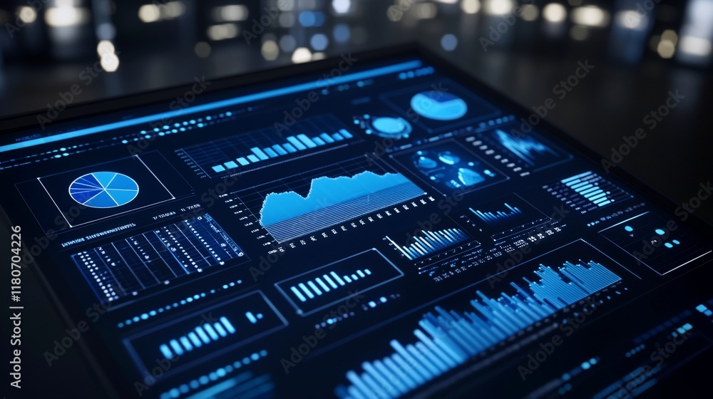 custom made wallpaper toronto digitalFuturistic digital dashboard displaying various charts and graphs with data visualization.