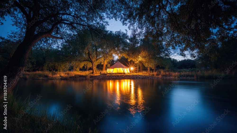 Fototapeta premium Illuminated tent on tranquil lake at night.