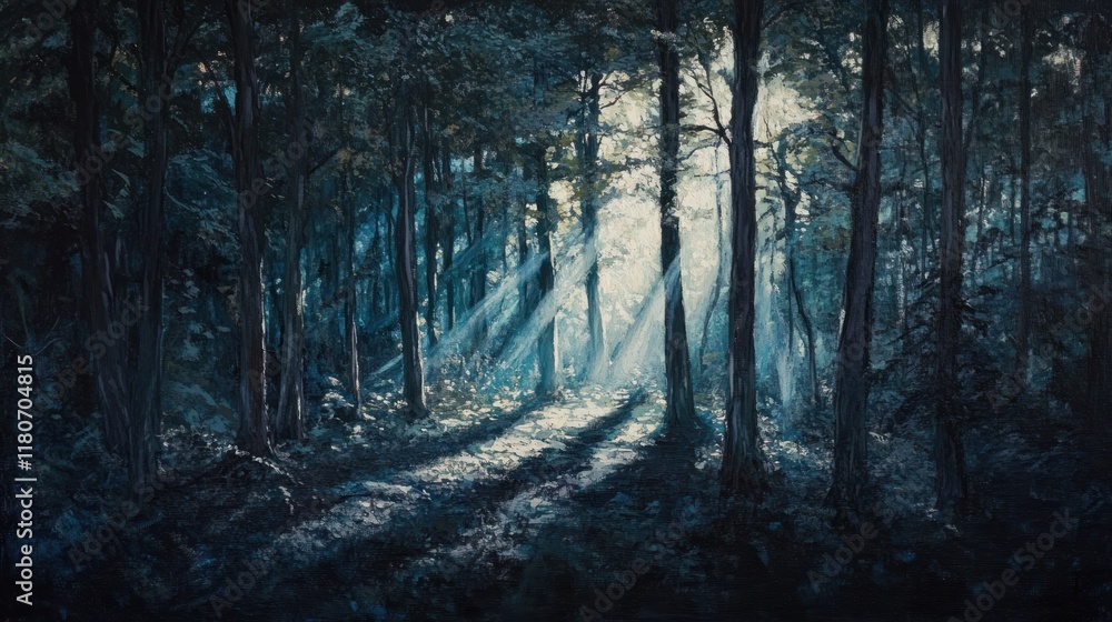 Fototapeta premium Sunbeams illuminating a dark, mysterious forest path.