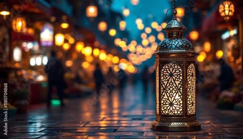 Glowing Ramadan Lantern in a Night Market - Festive Islamic Decor photo