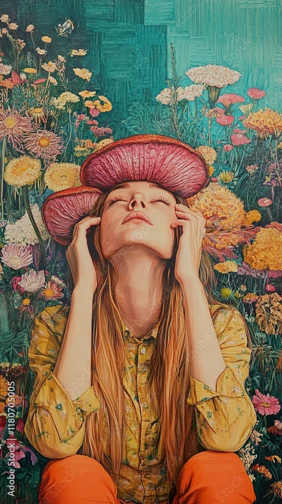 Fototapeta premium Surreal Floral Portrait of a Woman with Mushrooms