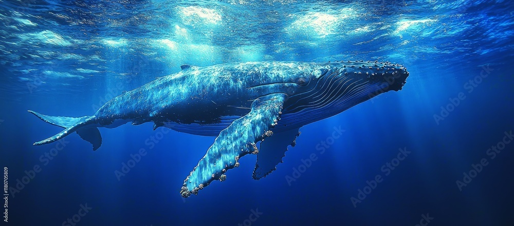 Naklejka premium Majestic humpback whale swimming underwater, sunlit ocean.
