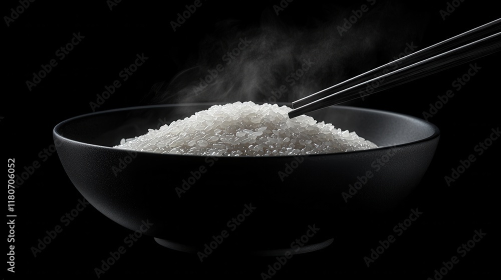 Steaming rice in a black bowl with chopsticks. Perfect for food blogs, recipe sites, and Asian cuisine themes. Steaming rice in a black bowl with chopsticks. Perfect for food blogs, recipe sites, and Asian cuisine themes.