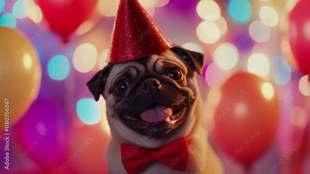 Happy pug dog in party hat and bow tie. Happy pug dog in party hat and bow tie.