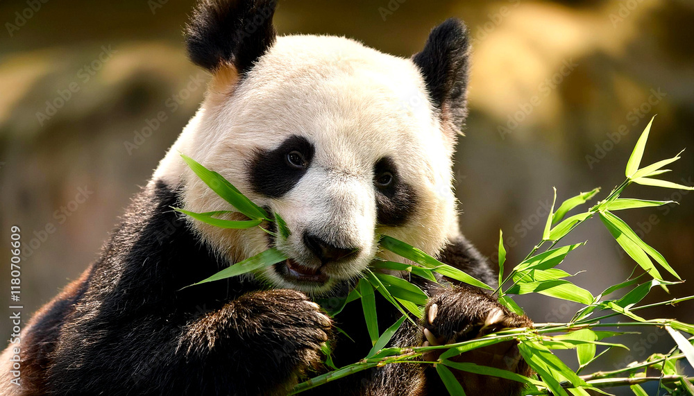 Obraz premium A giant panda eating bamboo leaves. The panda looks peaceful