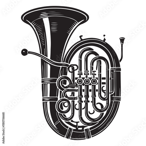 Euphonium Silhouette Vector Illustration, Solid White Background.