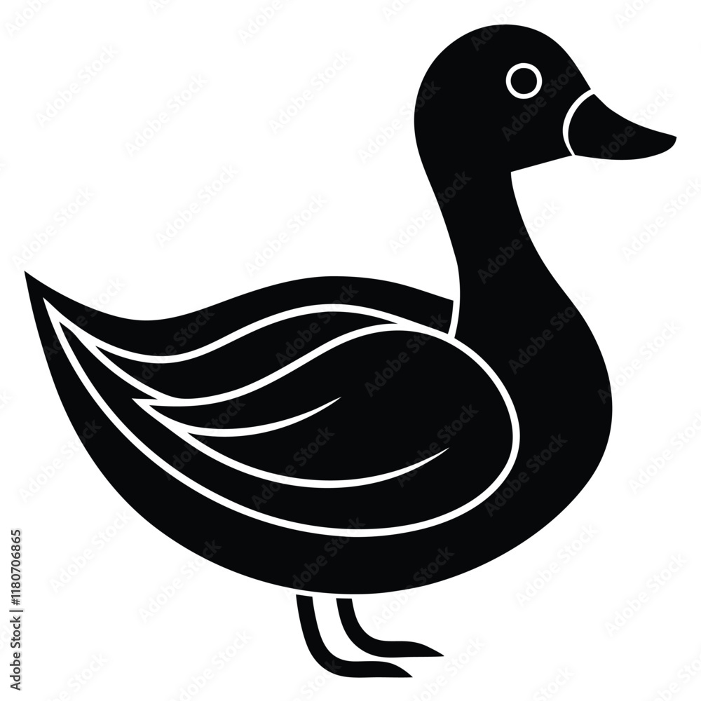 A basic duck icon with a curved beak and simple wing lines, vector art. A basic duck icon with a curved beak and simple wing lines, vector art.