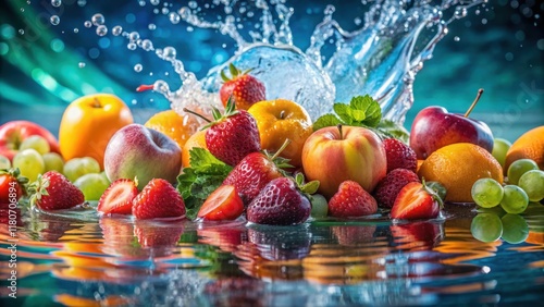 Refreshing Burst of Juicy Fruits in a Splashing Water Display