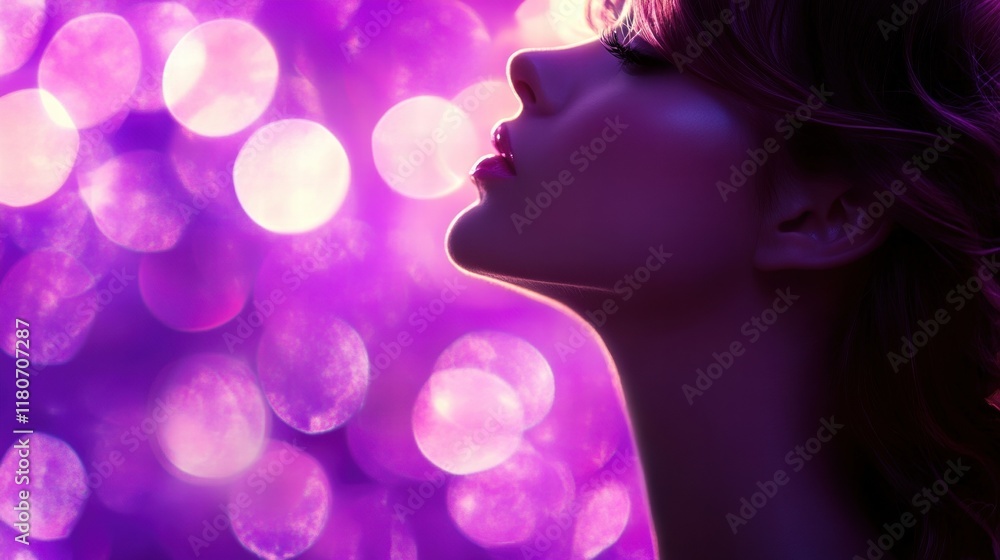 Profile of a Woman with Beautiful Silhouette Against Purple Bokeh Profile of a Woman with Beautiful Silhouette Against Purple Bokeh