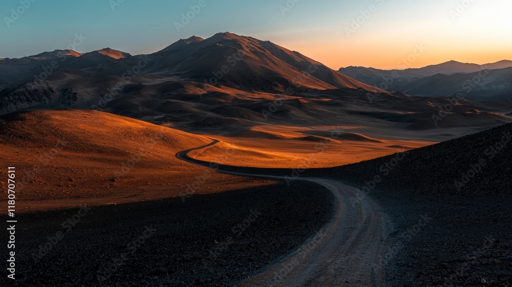 Fototapeta premium Desert Sunset Winding Road Through Volcanic Landscape