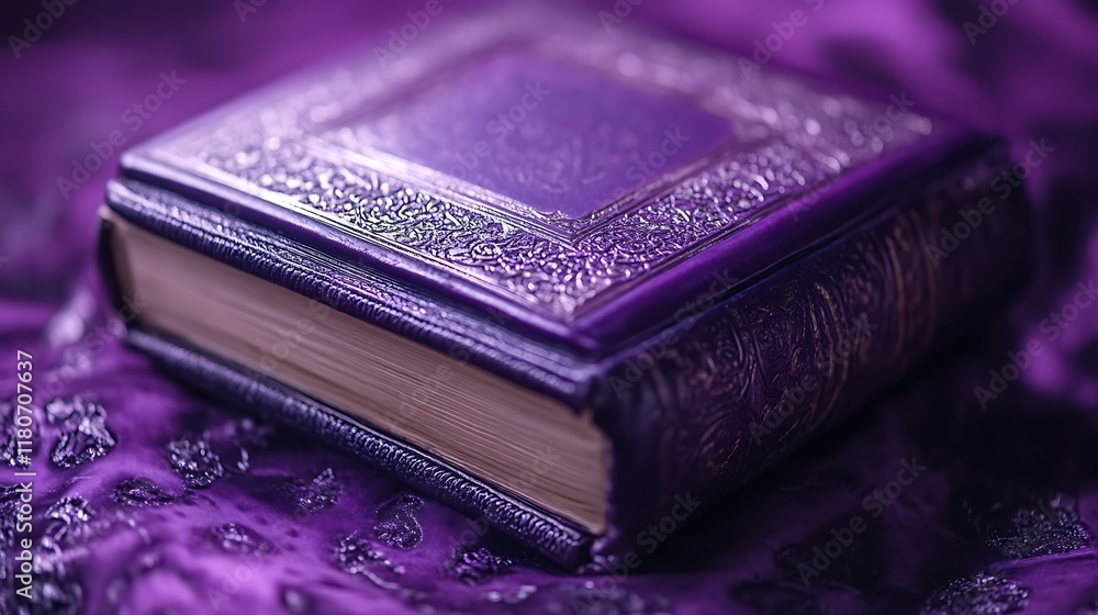 Ornate Purple Book Rests on Purple Fabric Ornate Purple Book Rests on Purple Fabric