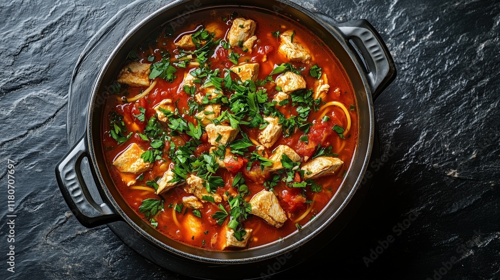 Spicy Chicken Curry Garnished with Fresh Cilantro in Metal Pot Spicy Chicken Curry Garnished with Fresh Cilantro in Metal Pot
