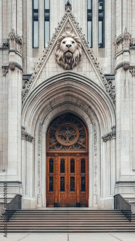 A grand entrance featuring ornate architecture and a lion sculpture above the door. A grand entrance featuring ornate architecture and a lion sculpture above the door.