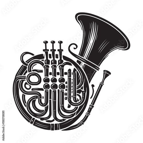 Euphonium Silhouette Vector Illustration, Solid White Background.