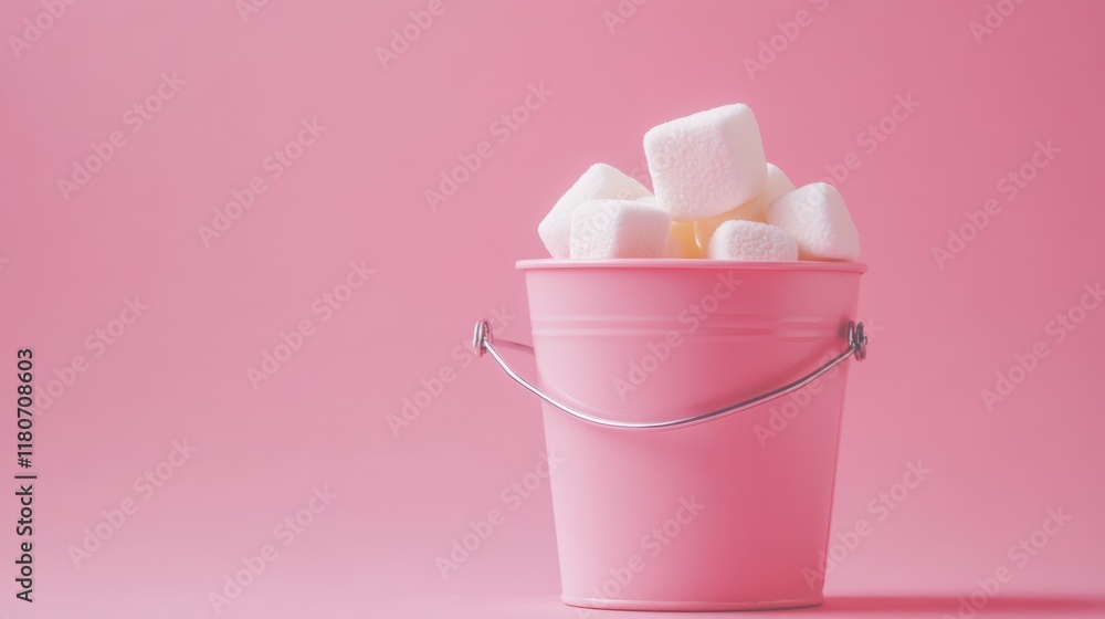 Marshmallows. Chewing candy close-up on a pink background. Dessert of sweet dishes in a pink bucket. Pastel colors. Marshmallows. Chewing candy close-up on a pink background. Dessert of sweet dishes in a pink bucket. Pastel colors.