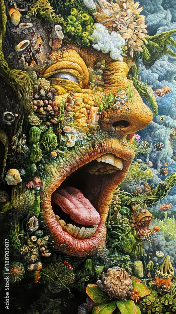 Obraz premium Surreal Nature Painting: A Vibrant Ecosystem in a Mystical Face