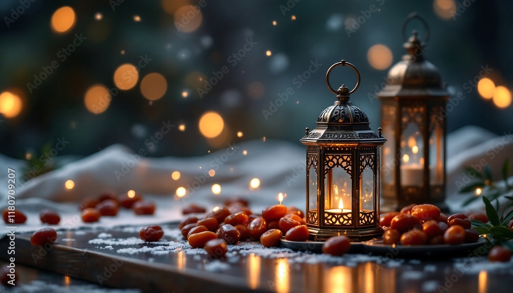 Ramadan Lantern, Dates, and Warm Lights: Festive Islamic Background Ramadan Lantern, Dates, and Warm Lights: Festive Islamic Background
