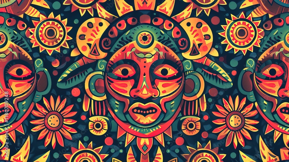 Naklejka premium inca sun god seamless pattern wallpaper