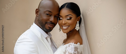 Happy bride and groom embrace, wedding day photo