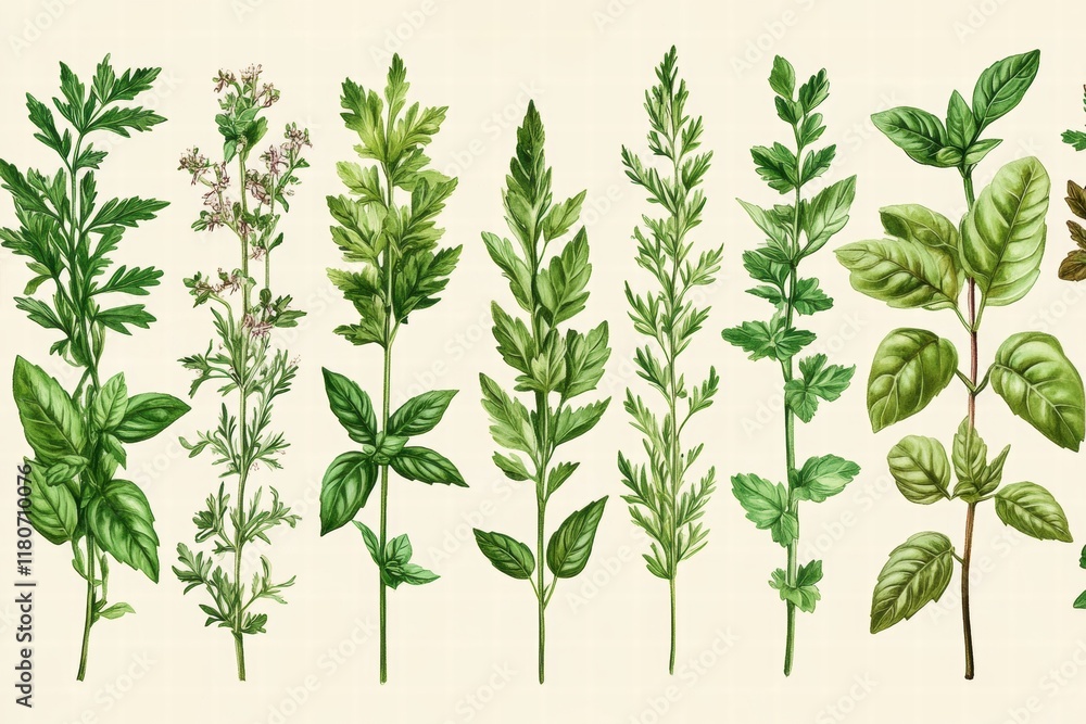 Detailed Illustration of Various Fresh Herbs on a Light Background Detailed Illustration of Various Fresh Herbs on a Light Background