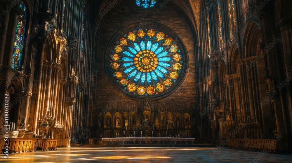 Obraz premium Stained Glass Rose Window in Gothic Cathedral Interior Illumination
