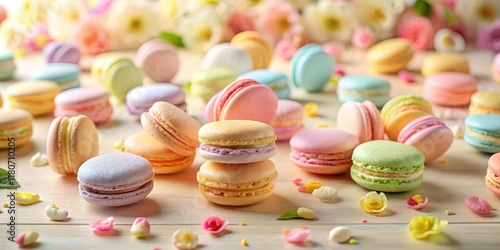 Pastel-colored macarons arranged on a light wooden surface, adorned with delicate pastel flowers and sprinkles, creating a delightful and dreamy confectionery scene.