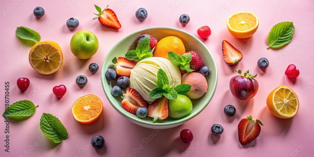 Refreshing Summer Bowl of Creamy Dessert with Assorted Fruits and Mint Garnish Refreshing Summer Bowl of Creamy Dessert with Assorted Fruits and Mint Garnish