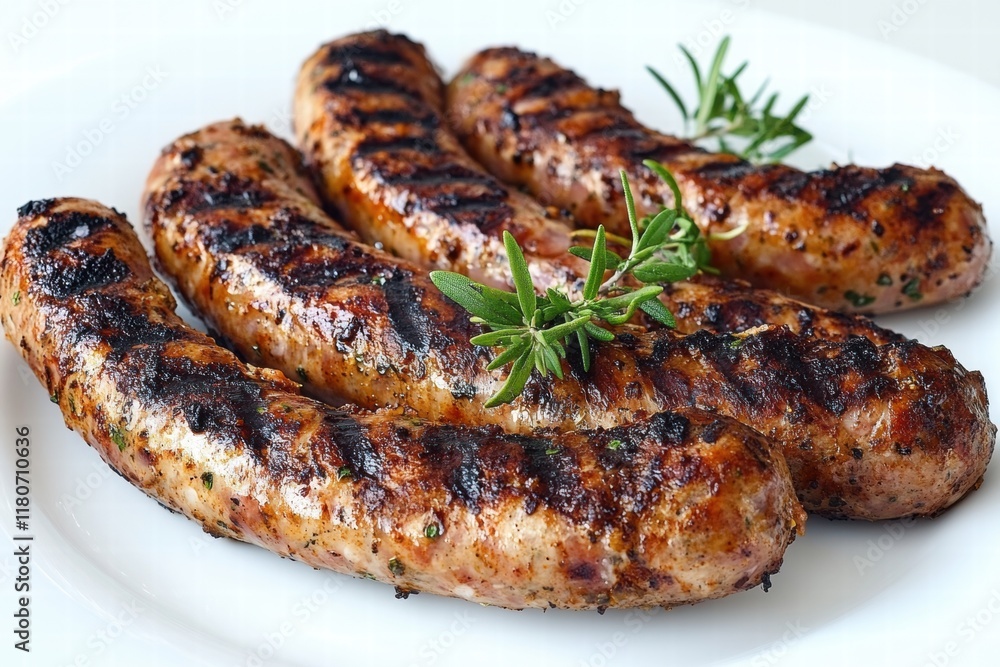 Grilled Sausages with Herbs on White Plate Ready to Serve Grilled Sausages with Herbs on White Plate Ready to Serve
