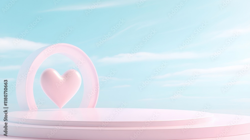A pink heart is placed in the center of a blue sky A pink heart is placed in the center of a blue sky