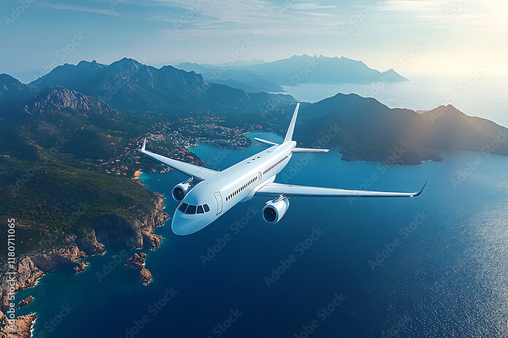 At sunrise on a summer morning, a white passenger airplane soars gracefully over picturesque islands and sparkling sea At sunrise on a summer morning, a white passenger airplane soars gracefully over picturesque islands and sparkling sea