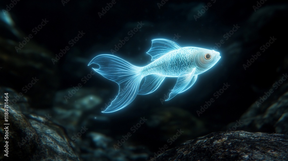 Glowing translucent fish swimming in dark water. Glowing translucent fish swimming in dark water.