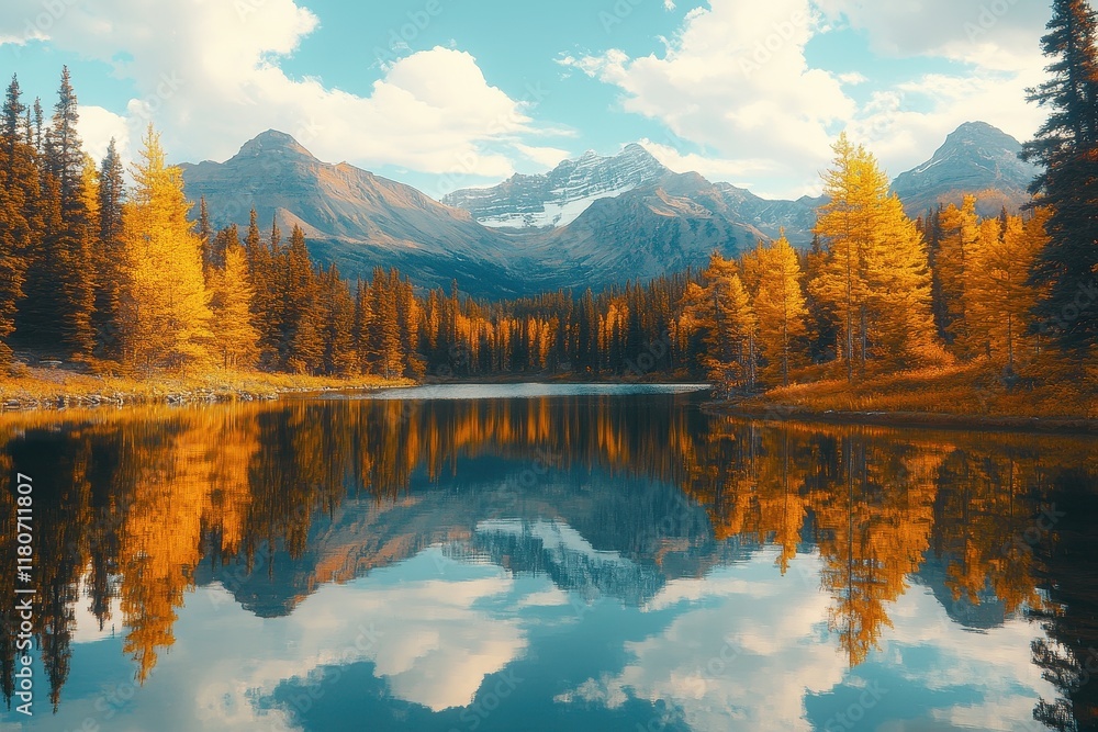 Fototapeta premium Golden larches reflect in a calm lake, majestic mountains form a stunning backdrop. Perfect for travel, nature, or autumn-themed projects, evoking serenity and beauty.
