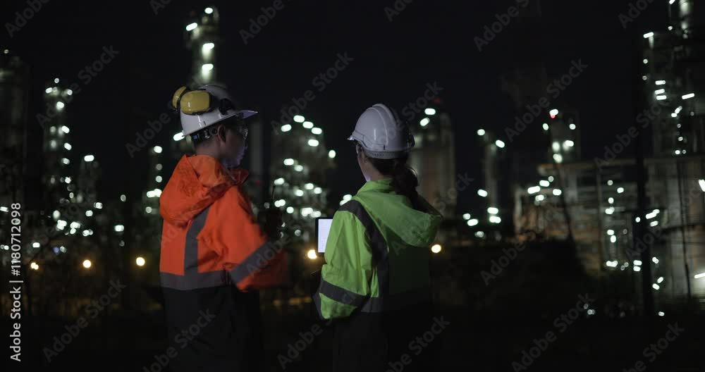 Two teams of industrial engineers are working late at a chemical factory, using walkie-talkies to communicate and a digital tablet to log and track data updates. Two teams of industrial engineers are working late at a chemical factory, using walkie-talkies to communicate and a digital tablet to log and track data updates.