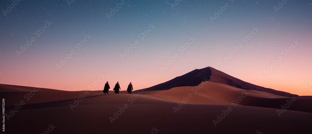 Fototapeta premium Desert Sunset Three Figures Journey Under Starry Sky