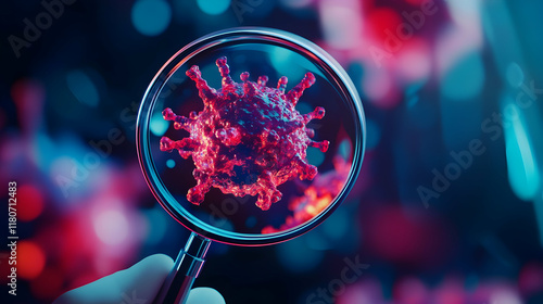 Close-up view of virus under magnifying glass emphasizing intricate details in digital scientific research and study of infectious diseases photo