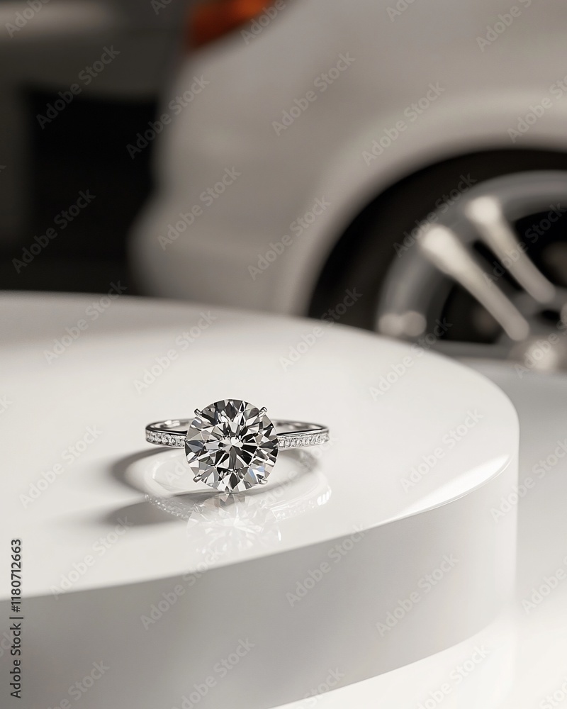 Obraz premium Sparkling diamond solitaire engagement ring on white surface, luxury car blurred background.